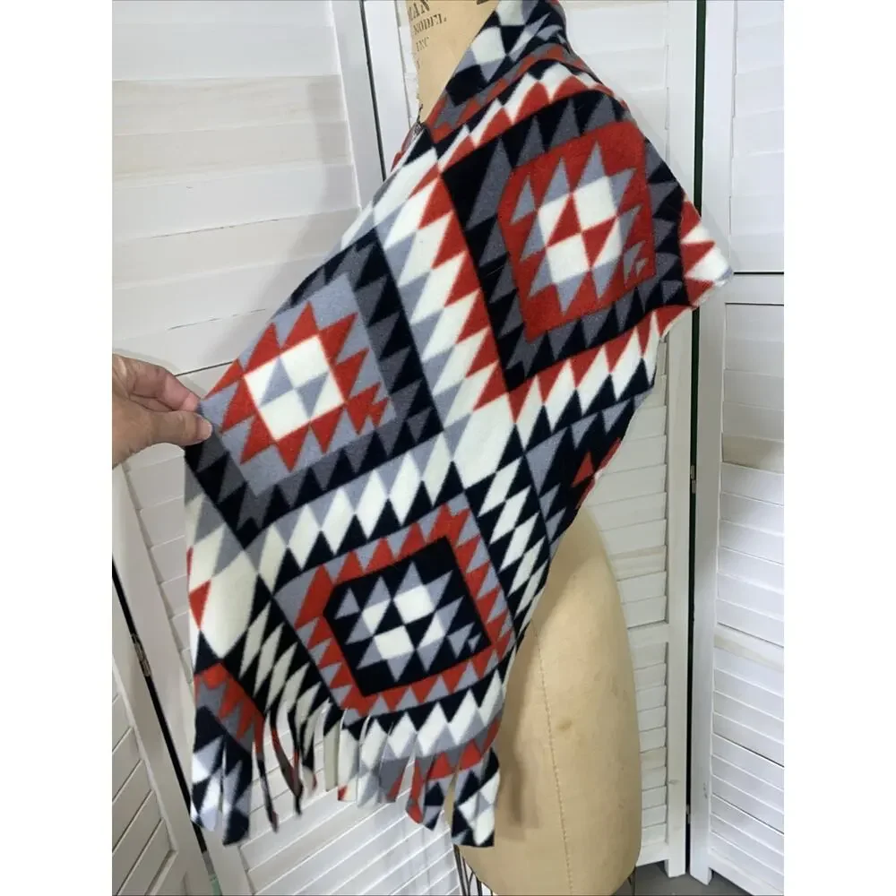 Fleece Fringe Wrap Scarf Native American Aztec Print 55” X 13.5”